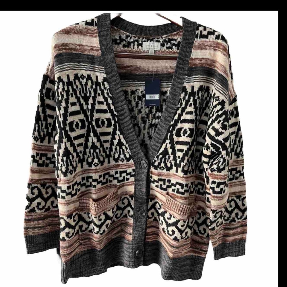 LUCKY BRAND Women’s Large Brown Black Button Up Cardigan Knit Sweater NWT